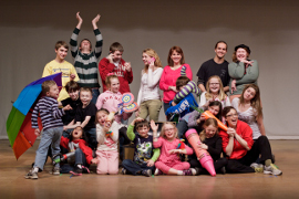 Author Eileen Boggess (third from top right), director Jessica Sheridan (bottom left), and Davenport Junior Theatre's Mia the Melodramatic team