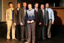 Daniel DP Sheridan, Pat Flaherty, Eddie Staver III, Tristan Tapscott, David Furness, Louis Hare, and Aaron Randolph III in Glengarry Glen Ross