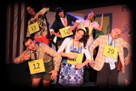 Bryan Tank, Sara King, Kelly Lohrenz (top row), James Bleecker, Liz Millea, and David Turley (bottom row) in The 25th Annual Putnam County Spelling Bee