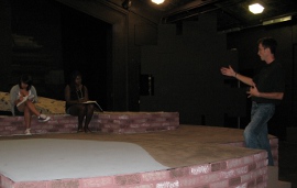 Macy Marie Hernandez, Vicki Owoo-Battlet, and director Scott Irelan rehearse Wrestling with Angels & Demons