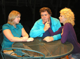 Cara DeMarlie, Matt Mercer, and Maggie Woolley in the Richmond Hill Barn Theatre's The Shape of Things