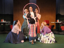 Laura Miller, Courtney Crouse, and Andrea Moore (center), and Laurie Sutton, Liz J. Millea, and Maeve Martin in Happy Days: A New Musical