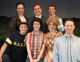 Courtney Crouse, Marc Ciemiewicz, and Ryan Naimy (back row), and Tristan Layne Tapscott, Laurie Sutton, Dawn Trautman, and Don Denton in Happy Days: A New Musical