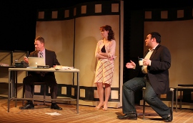 Mike Schulz, Erin Churchill, and Daniel M. Hernandez in Speed-the-Plow
