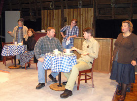 Nancy Teerlinck, Diane Greenwood, Christopher Tracy, Allison Scherer, Greg Goetz, and Cait Bodenbender in the Richmond Hill Barn Theatre's The Spitfire Grill