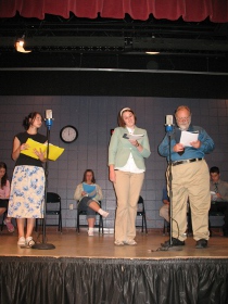 Victoria Armas, Sara Butcher, and John Turner in rehearsal for War of the Worlds