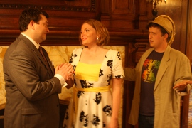 J. Adam Lounsberry, Sheri Brown, and Ben Holmes in Dirty Rotten Scoundrels