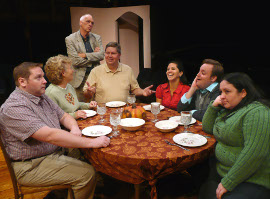 Christopher Tracy, Liz Blackwell, Andy Davis (standing), Gregg Neuleib, Dianna McKune, Justin Raver, and Dana Skiles in the Richmond Hill Barn Theatre's A Nice Family Gathering