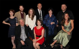 Erin Churchill, Don Denton, Allison Swanson, Patrick Gimm, Angela Elliott, Jamesd Fairchild (standing), Mark Ruebling, Sara Tubbs, and Kimberly Kurtenbach Furness (seated) in Last Call: The Songs of Stephen Sondheim