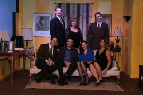 Shawn Sutton, David Lane, Melissa Hummel, Jamie Bauschka (front row), Eric Landuyt, Terri Bauschka, and Victor Angelo (back row) in Marrying Terry