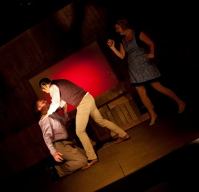 Mike Schulz, Calvin Vo, and Jenny Winn in Bat Boy the Musical, photo by Jessica Sheridan, Shared Light Photography