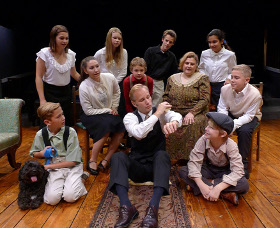 first row - Hannah Hogue, Elisabeth Grafft, Colby Rapps, Amira Siddique; second row - P.J. Hilligoss, Joe Mroz, Yvonne Siddique, and Ben Klocke; third row - Jack Sellers, Jonathan Grafft, and Aidan Grafft in Cheaper by the Dozen