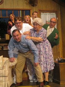 (clockwise from left) Tamarin K. Ythier, James Fairchild, Erin Clark, Tristan Layne Tapscott, Brad Hauskins, Janet Ellen Brucken, and Marc Ciemiewicz in the Circa '21 Dinner Playhouse's Love, Lies, & the Lottery