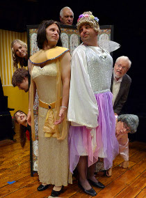 Jonathan Grafft and Nathan Johnson, and (clockwise from lower left) Mallory Park, Josh Wielenga, Sarah Ade Wallace, Andy Davis, Stan Weimer, and Jackie Skiles in the Richmond Hill Barn Theatre's Leading Ladies