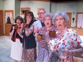 Kaitlyn Casanova, Deborah Kennedy, Tom Walljasper, Rachelle Walljasper, and Kay Francis in The Church Basement Ladies in The Last Potluck Supper