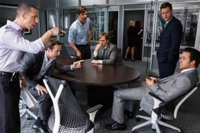 Jeremy Strong, Rafe Spall, Hamish Linklater, Steve Carell, Jeffry Griffin, and Ryan Gosling in The Big Short