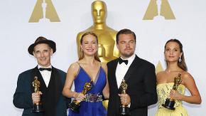 Best Supporting Actor Mark Rylance, Best Actress Brie Larson, Best Actor Leonardo DiCaprio, and Best Supporting Actress Alicia Vikander