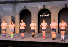 Amanda Wales, Rowan Crow, Katie Ross, Sarah Ebener, Anna Tunnicliff, Kathryn Wherry, and Kayla McKay in The Acharnians