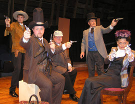 Adam Overberg, Chris White, John VanDeWoestyne, Greg Bouljon, and Mary Bouljon in Around the World in 80 Days