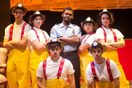 Luke Currie, Leslie Kane, Jaylen Marks, Macy Hernandez and Elyssa Lemay (top row), and Corbin Delgado and Bill Cahill (bottom row) in Augustana College's The Arsonists