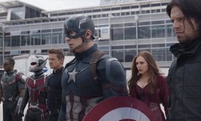 Anthony Mackie, Paul Rudd, Jeremy Renner, Chris Evans, Elizabeth Olsen, and Sebastian Shaw in Captain America: Civil War