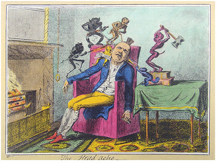 Enrique Chagoya (American, born in Mexico 1953); 'The Headache,' after 'The Headache' by George Cruikshank, circa 1830, 2010; etching and chine collé; museum purchase.