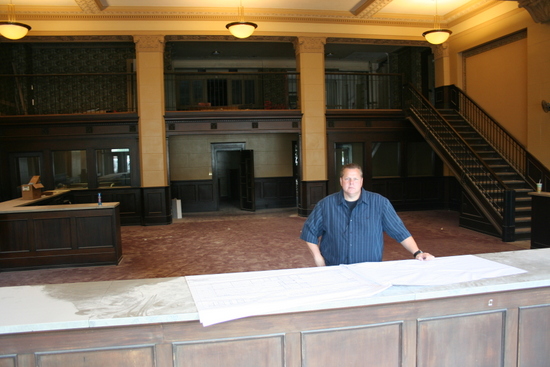 Baldwin in the lobby of the Democrat building