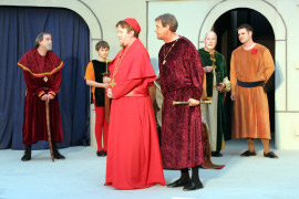 Bryan Woods, Pat Flaherty, and ensemble members in Henry the Sixth: The Contention