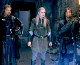 Sean Bean, Orlando Bloom, and Viggo Mortensen in The Lord of the Rings: The Fellowship of the Ring