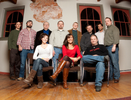 Glengarry Glen Ross cast and crew members Jessica Sheridan, Kimberly Furness, and Joe Goodall (seated), and Daniel DP Sheridan, David Bonde, Michael Kennedy, Aaron Randolph III, Tristan Tapscott, Louis Hare, David Furness, and Joe Janz