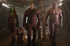 Zoe Saldana, Bradley Cooper(ish), Chris Pratt, Vin Diesel(ish), and Dave Bautista in Guardians of the Galaxy
