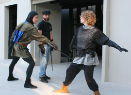 Jacob Lyon and Maggie Woolley rehearse a Henry the Sixth: The Contention fight scene with Michael King