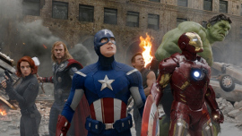Scarlett Johansson, Chris Hemsworth, Chris Evans, Jeremy Renner, Robert Downey Jr., and the Hulk in The Avengers