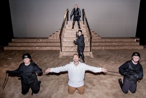 Tim Cook (top), Wayne Hess (center), Myka Walljasper, Jason Gabriel, and Jacob Kilburg (bottom) in Jesus Christ Superstar