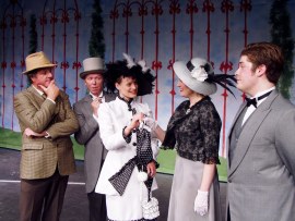 Mark McGinn (left) and Jenny Winn (center), with Harold Truitt, Susan Granet, and Nick Munson in My Fair Lady