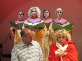 Brad Hauskins and Carrie SaLoutos (foreground), and Tom Walljasper, Kathi Osborne, Paul Gregory Nelson, and Jessica Swersey in Mid-Life! The Crisis Musical