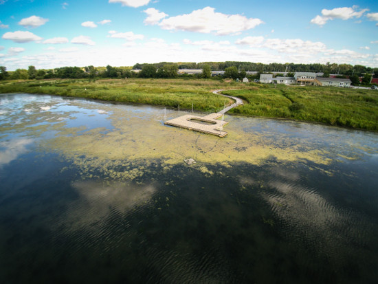 An aerial view of Nahant Marsh and its education center. Photo by Connor Woollums.