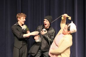 Jackson Green, Jordan Webster-Moore, and  Becca Brazel in Noises Off