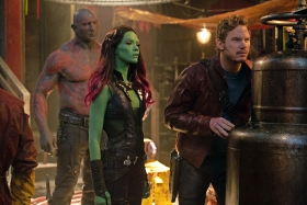 Dave Bautista, Zoe Saldana, and Chris Pine in Guardians of the Galaxy