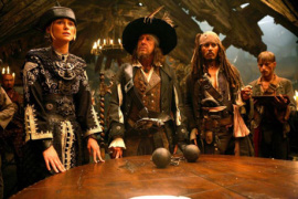 Keira Knightley, Geoffrey Rush, Johnny Depp, and Mackenzie Crook in Pirates of the Caribbean: At World's End