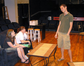 Jessica Nicol, Denise Yoder, and Bryan Tank in Rabbit Hole rehearsals
