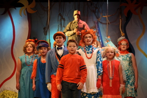 Derrick Bertram, Joseph Brune, Kate Struble (center) and ensemble members in Seussical