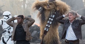 John Boyega, Peter Mayhew, and Harrison Ford in Star Wars: The Force Awakens