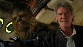 Peter Mayhew and Harrison Ford in Star Wars: The Force Awakens