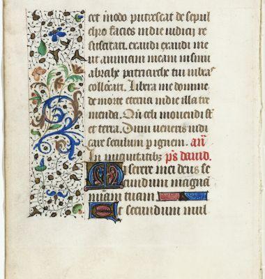 Unidentified Artist, Illuminated manuscript page from Benedictine Psalter, 435, ink, tempera, gilt on vellum, 4 3/16 x 4 9/16 inches, City of Davenport Art Collection, Friends of Art Acquisition Fund, OP256