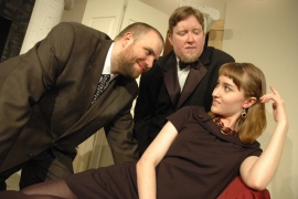 Paul Workman, Bryan Woods, and Kristen Lynn Raccone (rehearsing the role of Gabrielle) in The Dinner Party