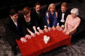L-R  Bryan Lopez, Molly McLaughlin, Drew Pastorek, Teri Nelson, Tom Naab, and Stephanie Naab in The Game's Afoot