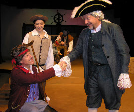 Jim Driscoll, Stephanie Moeller, John Weigandt (foreground), Alec Peterson, and Travis Hedman (background) in Treasure Island