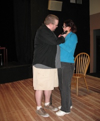 Bryan Woods and Johanna Welzenbach-Hilliard rehearse Under the Radar