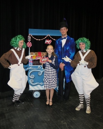 Ally Zahringer, Laila Haley, Zach Hendershott, and Kayla Lee in Willy Wonka